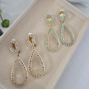 Statement Clip On Drop Earrings Gold with AB Blue Or Purple Rhinestone